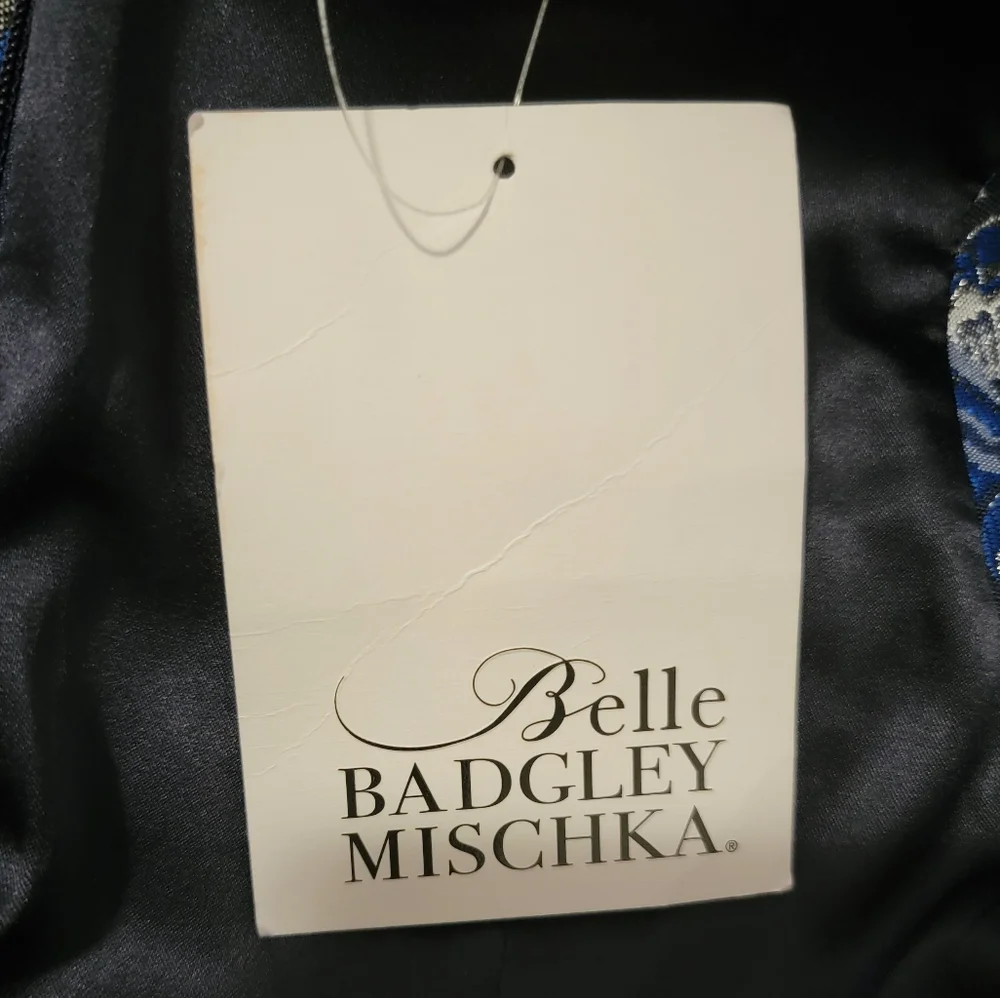 Badgley Mischka Size 8 Navy Blue Silver Floral Sheath Kurstin Dress w/ Pockets - Picture 10 of 12